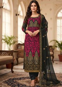 Elegant Pink & Black Embroidered Suit