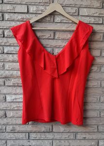 Chic Red Ruffle V-Neck Top