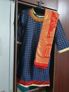 Elegant Blue Kurta with Golden Grid