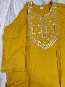 Elegant Mustard Kurta with Embellished Neckline