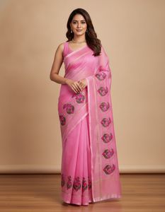 kota doria Beautiful Pink Embroidered Saree