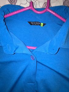 Blue Ruched Button-Up Shirt