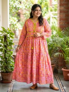 Pink Floral Print Tiered Maxi Kurta(never worn)