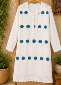 White Kurta with Teal Floral Embroidery