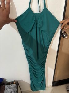 Elegant Teal Ruched Halter Neck Dress
