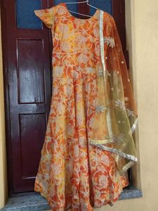Elegant Orange Floral Print Gown