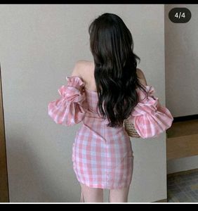 Newme asia Pink Gingham Off-Shoulder Ruched Dress