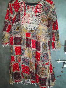 Boho Print Kurta with Tassel Trim