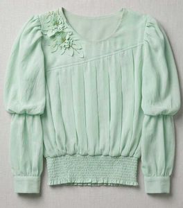 Sage Green Smocked Waist Top with Floral Applique