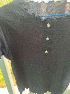 Black Lettuce Hem Button-Up Top