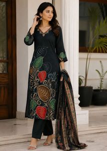 Elegant Black Kurta Set with Leaf Print