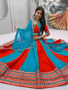 Vibrant Red &amp; Blue Lehenga Set