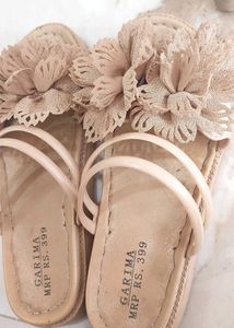 Beige Flower Embellished Flat Sandals