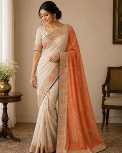 Orange Cream saree with blouse and peticoat