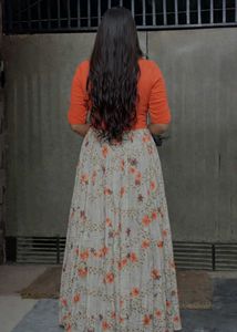 Stylish Orange Zip Top with Floral Long Skirt – Pa