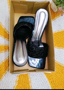 Chic Black Glitter Heel Mules