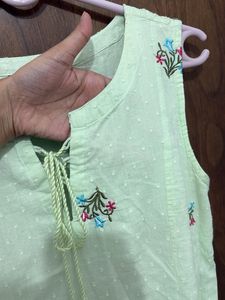Embroidered Tie-Neck Cotton Kurta