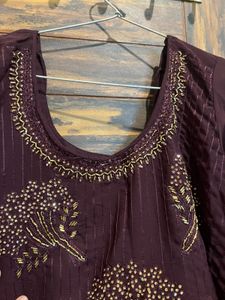 Embroidered Maroon/Baingni Kurta with Patiyala