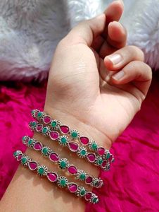 Set Of 4 Oxidised Pink &amp; Green Stone Bangles (2.4)
