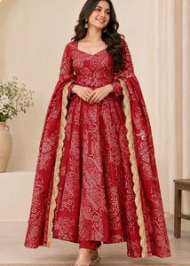 New Stunning Red Bandhani Print Anarkali Suit set