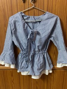 Striped Peplum Tie-Neck Top