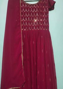 Elegant Maroon Embroidered Gown with Dupatta