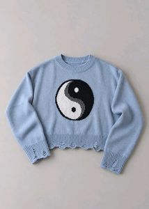 BABY BLUE YIN YANG DISTRESSED CROPPED SWEATER