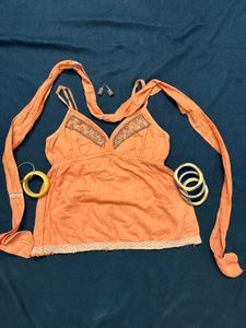 Indo Western Orange Beaded Kurti Top Set