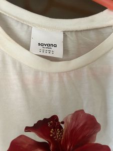White T-Shirt with Red Hibiscus Print