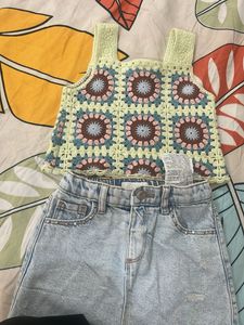 Light Wash Denim Mini Skirt and crochet top