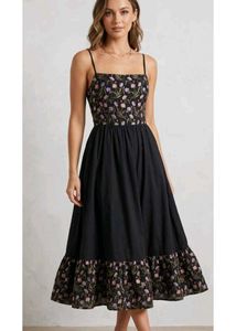 Black Floral Embroidered Midi Dress