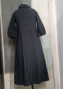Black window pane a line dress with folded round collar