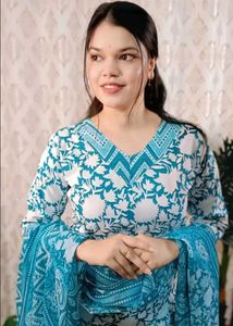Turquoise Floral Print Kurti Set with dupatta