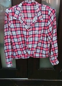 Pink Plaid Tie-Front Shirt - L Size - NEW