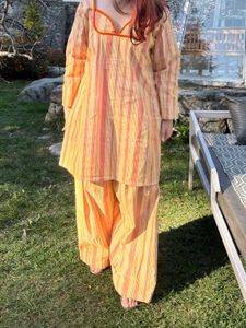 Orange Striped Kurta and Palazzo Set- Fixed price