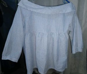 Blue & White Striped Off-Shoulder Top