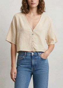 Cream Textured Button-Up Baggy Crop Top
