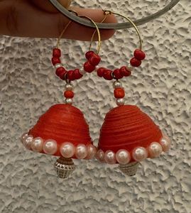 Red Jhumka Earrings with Pearls