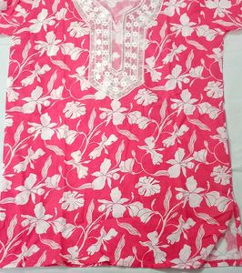 Pink Floral short Kurta with White Embroidery