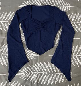 Navy Blue Bell Sleeve Crop Top