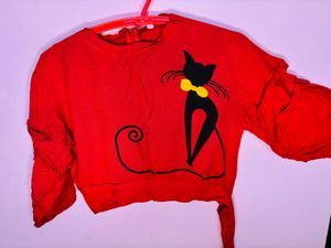 Cute Cat Print Red Top 🍓🐈‍⬛