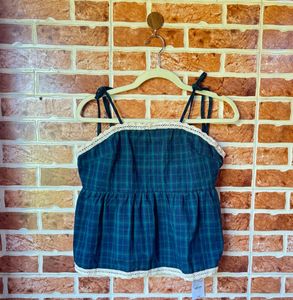 Cute Plaid Tank Top with Lace Trim
