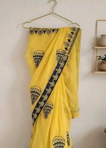 New Bright Yellow Embroidered Saree