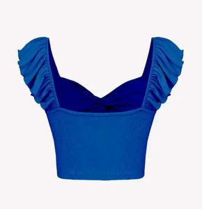 Blue Ribbed Twist Front Crop Top
