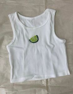 White Ribbed Ibiza Crop Top with Lime embroidery