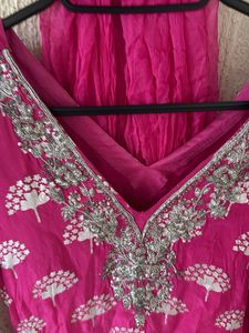 Vibrant Pink Kurta Set with Silver Print