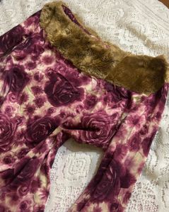 Faux Fur Trim Floral Print Top