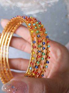 Gold Tone Bangles with Colorful Beads