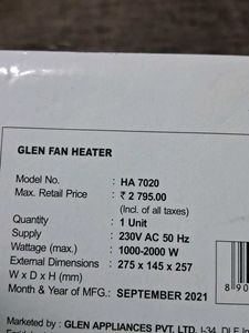 Glen Fan Heater - Model HA 7020