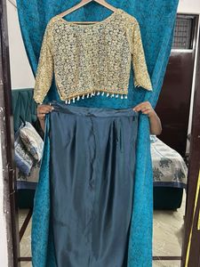 Designer Gold Lace Blouse with Teal Skirt